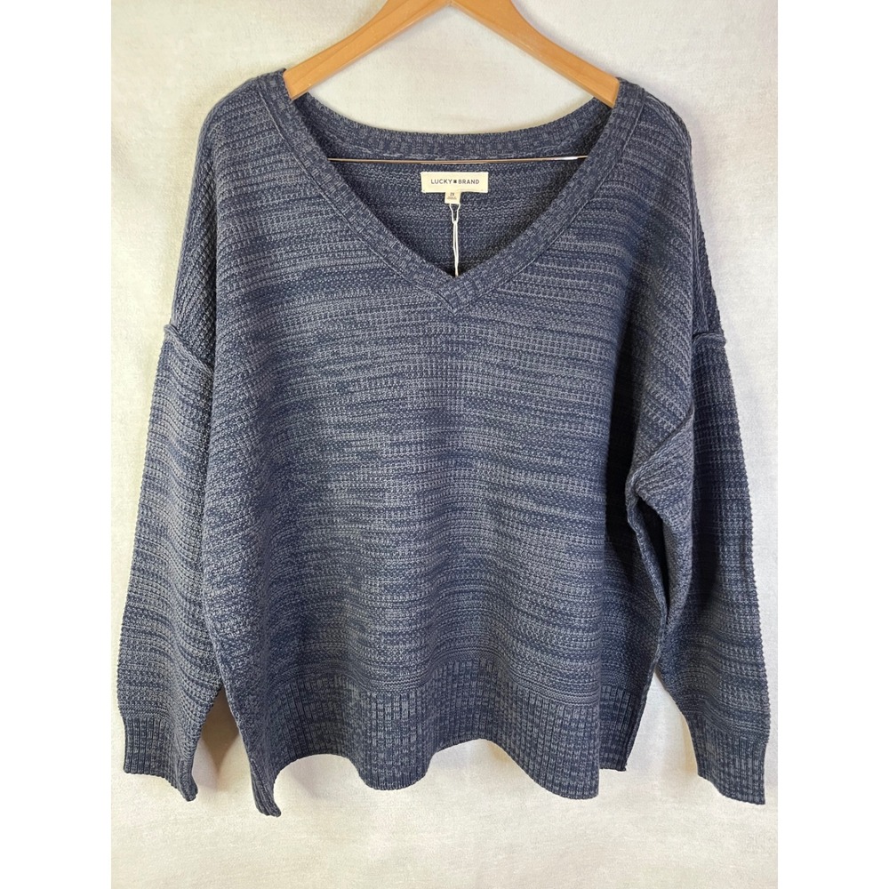 Lucky Brand Women's 2X Blue Heathered Knit V-Neck Pullover Sweater NWT